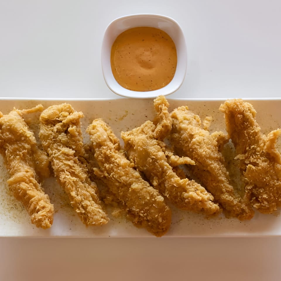 Crispy golden-brown Chick Fry chicken tenders on a white platter with a side of dipping sauce.
