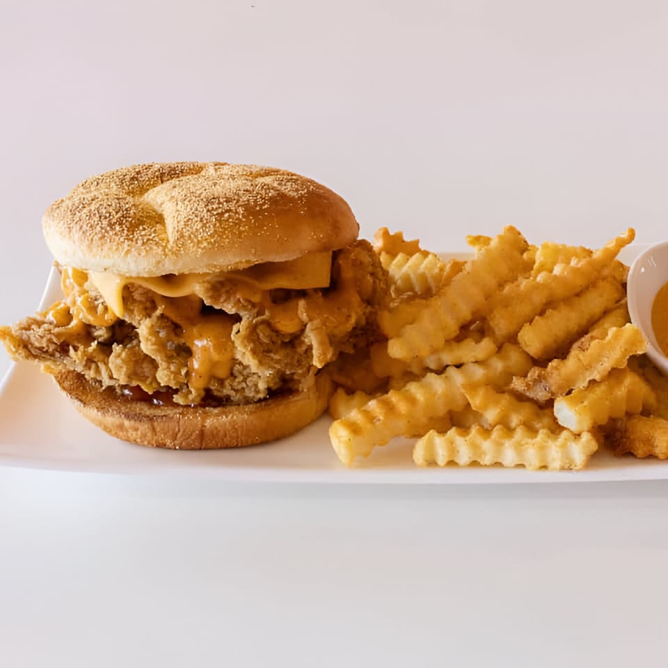 Chick Fry's halal fried chicken sandwich with melted cheese and crinkle-cut fries on a white plate.