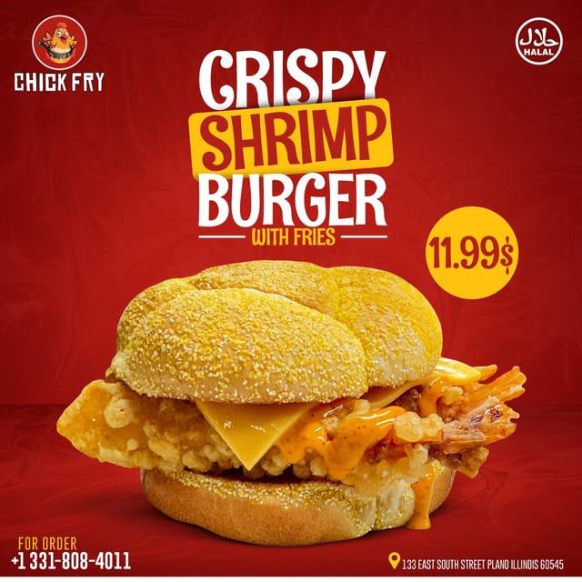 Crispy Shrimp Burger with Fries.