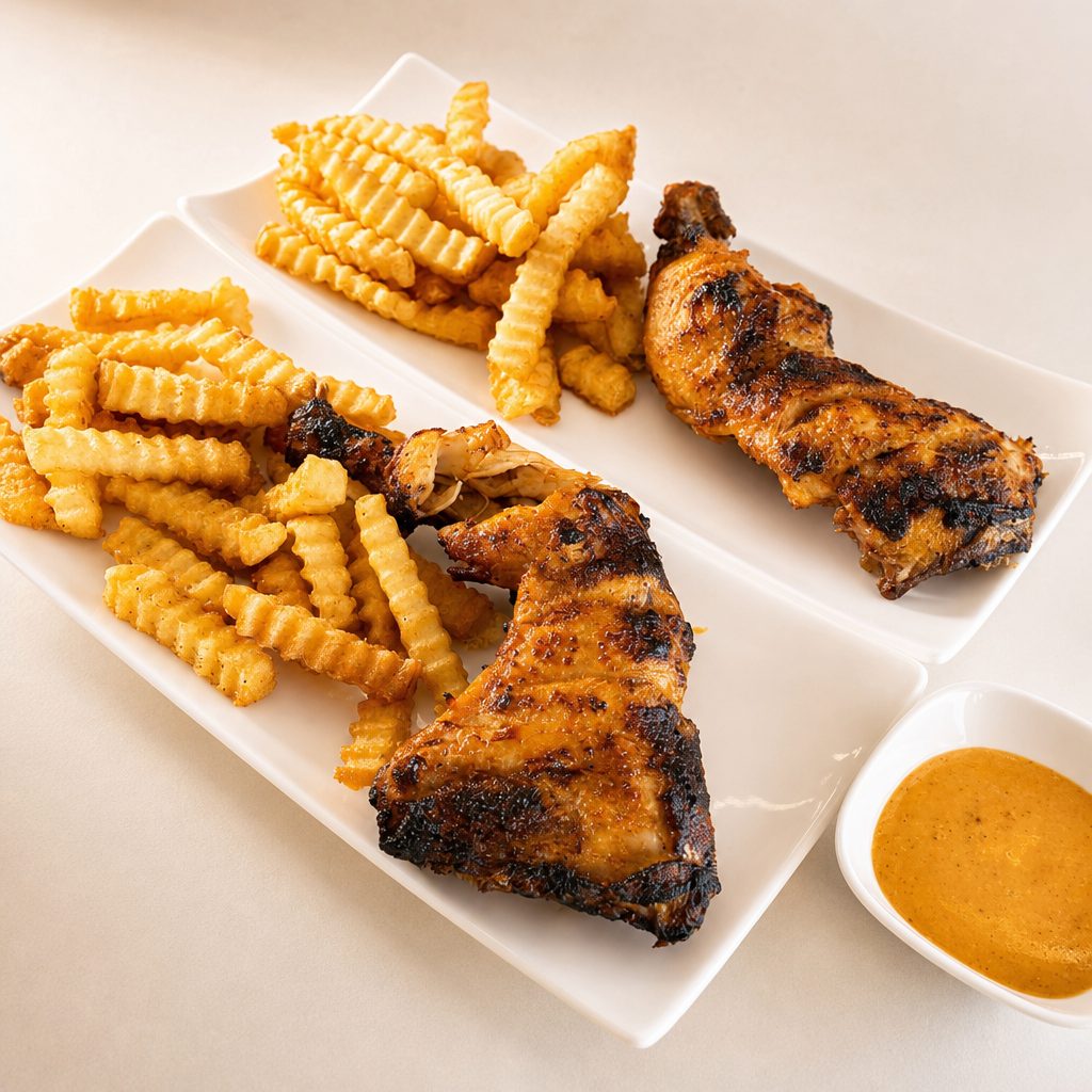 2 Spicy Tikka with Chick Fry Seasoned Fries.