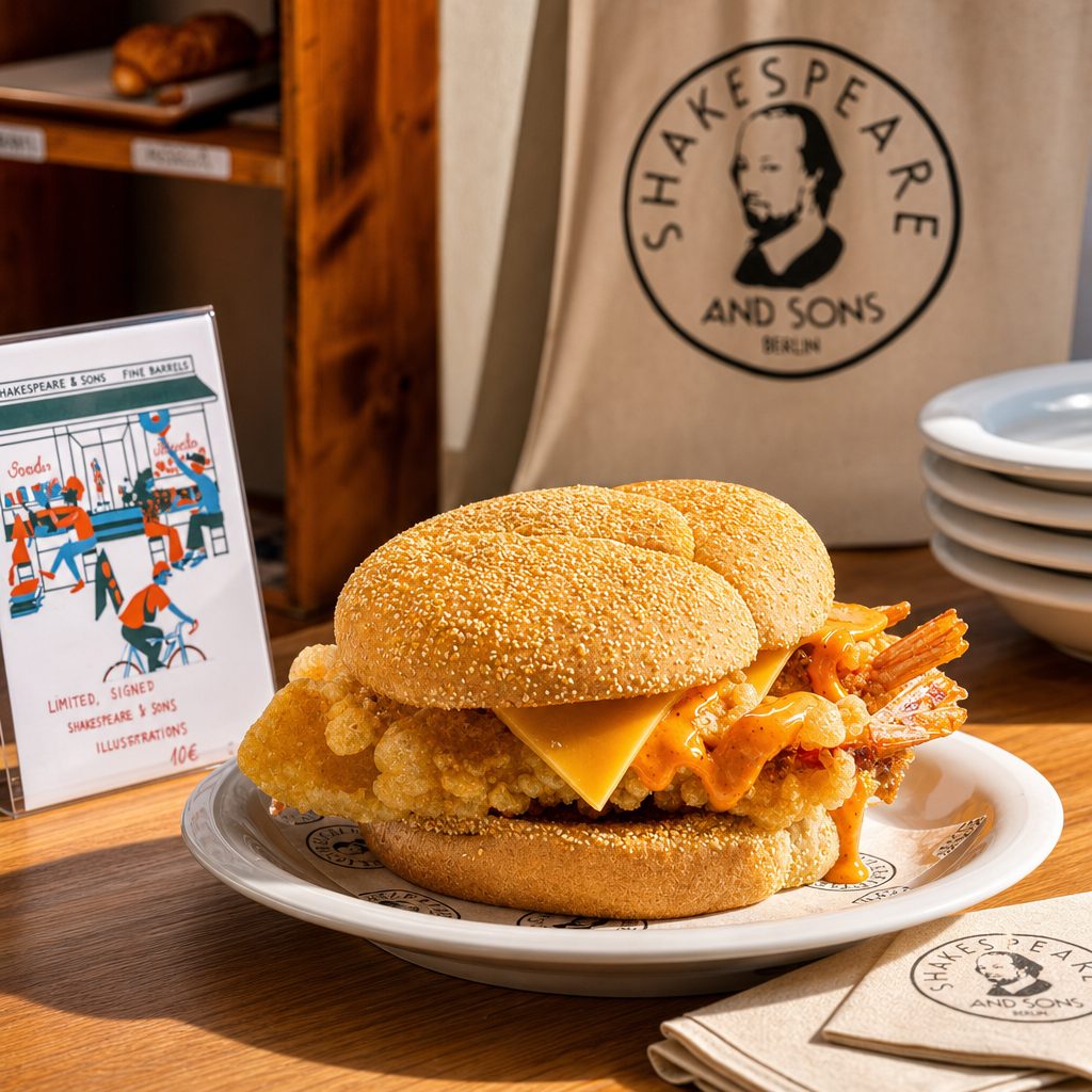 Crispy Shrimp Burger with Fries.